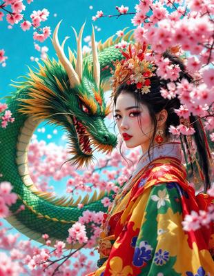 The primary subject of the image is a woman wearing a kimono, standing in front of a large green dragon. The dragon is surrounded by pink flowers, creating a vibrant and colorful scene. The woman appears to be the main focus of the image, as she stands in front of the dragon, possibly posing for a picture. The visual style of the image is a combination of digital art and illustration, giving it a unique and artistic appearance. The colors and mood of the image are predominantly pink and vibrant, creating a cheerful and lively atmosphere.